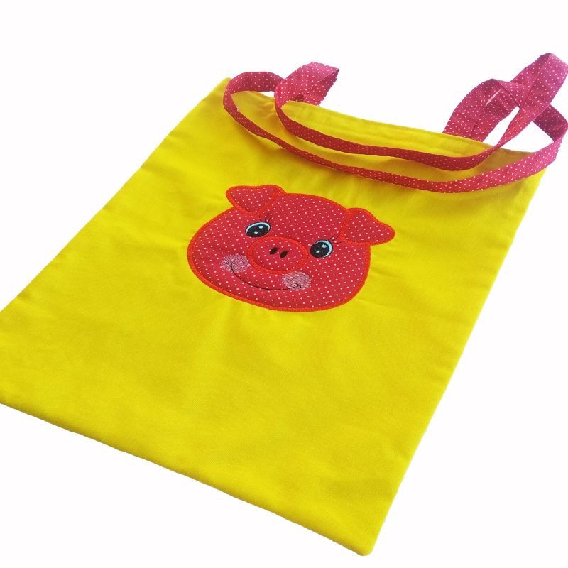 Πάνινη τσάντα tote κίτρινη με απλικέ Γουρουνίτσα