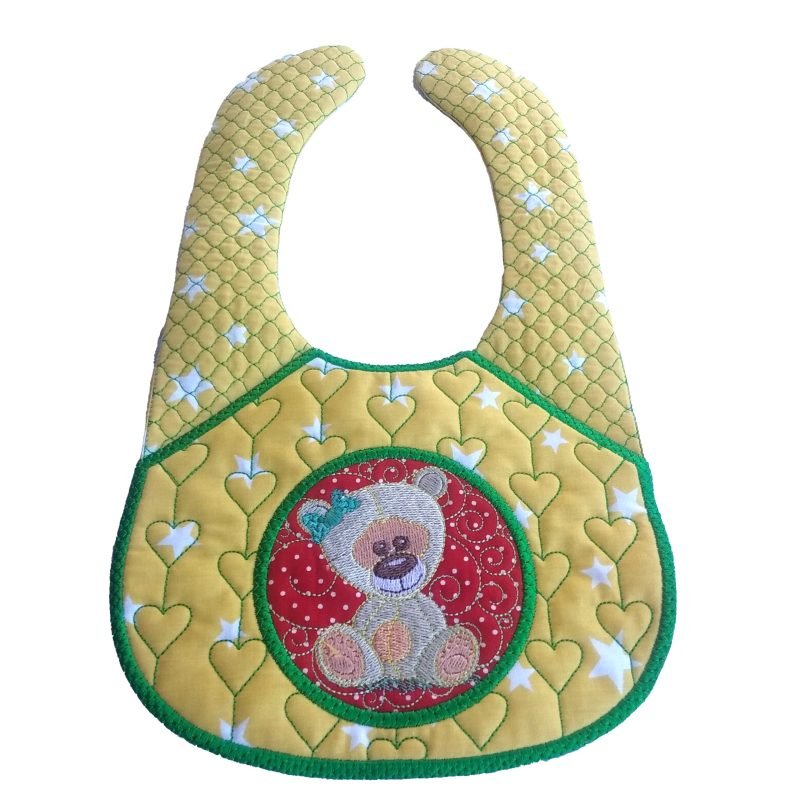 Σαλιάρα Βρεφική Κεντητή Teddy Bear Πράσινο - Κίτρινο